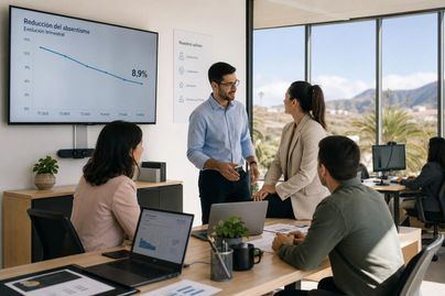 Empleados en oficina moderna en Canarias analizan estrategias mientras un gráfico muestra un absentismo del 8,9%.