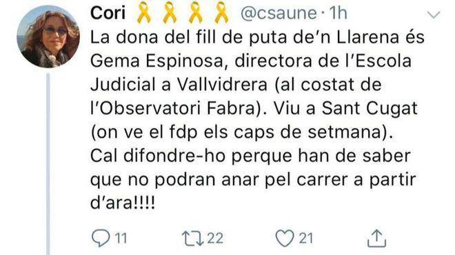 La fiscalía investiga amenazas en Twitter a la mujer del juez Llarena