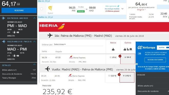 Diversas búsquedas en las webs de las compañías aéreas