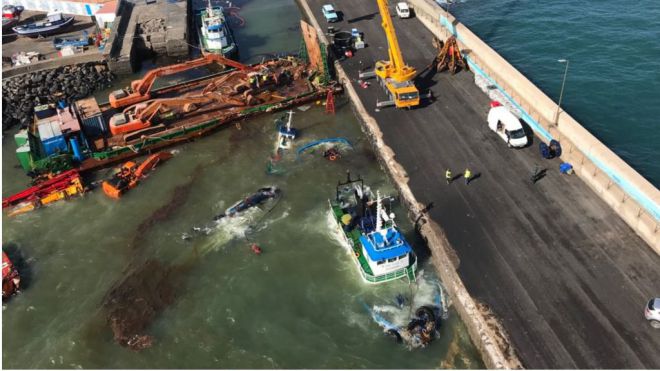Las barreras de contención colocadas permiten confinar todo el aceite en el interior del Puerto de Gran Tarajal