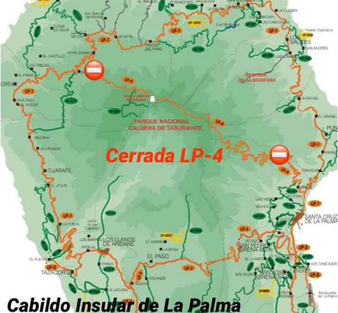 El Cabildo de La Palma corta la LP-4 y cierra de la Red de Senderos debido a la alerta