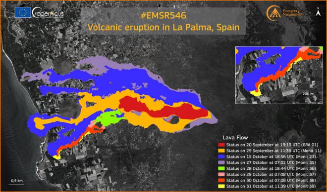 La lava afecta a 975 hectáreas y arrasa 2.574 edificaciones en La Palma