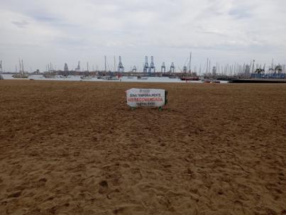 La zona sur de la playa de Las Alcaravaneras cerrada al baño