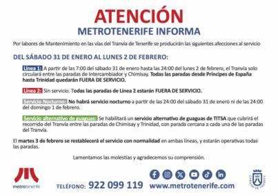 Del 31 de enero al 2 de febrero la Línea 1 del tranvía operará de forma parcial y la Línea 2 se suspende