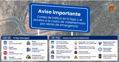 Cortes de tráfico en El Rejo y el acceso a la costa de Vallehermoso por obras de emergencia