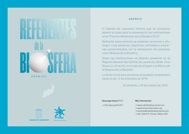 Lanzarote abre el plazo de candidaturas a los Premios 'Referentes de la Biosfera 2016'