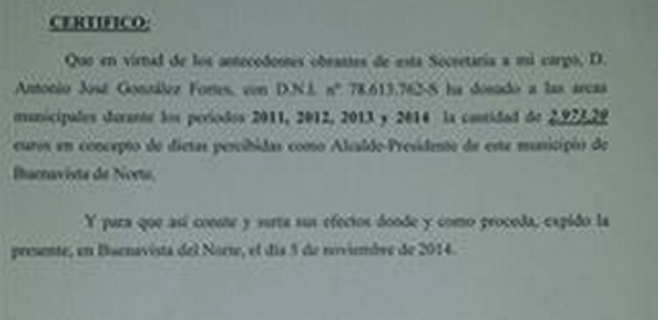 El alcalde de Buenavista realiza donaciones a su Ayuntamiento